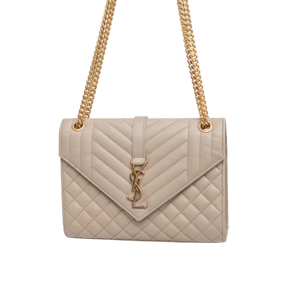 Saint Laurent YSL Medium Envelope Triquilt Beige Leather Shoulder Bag